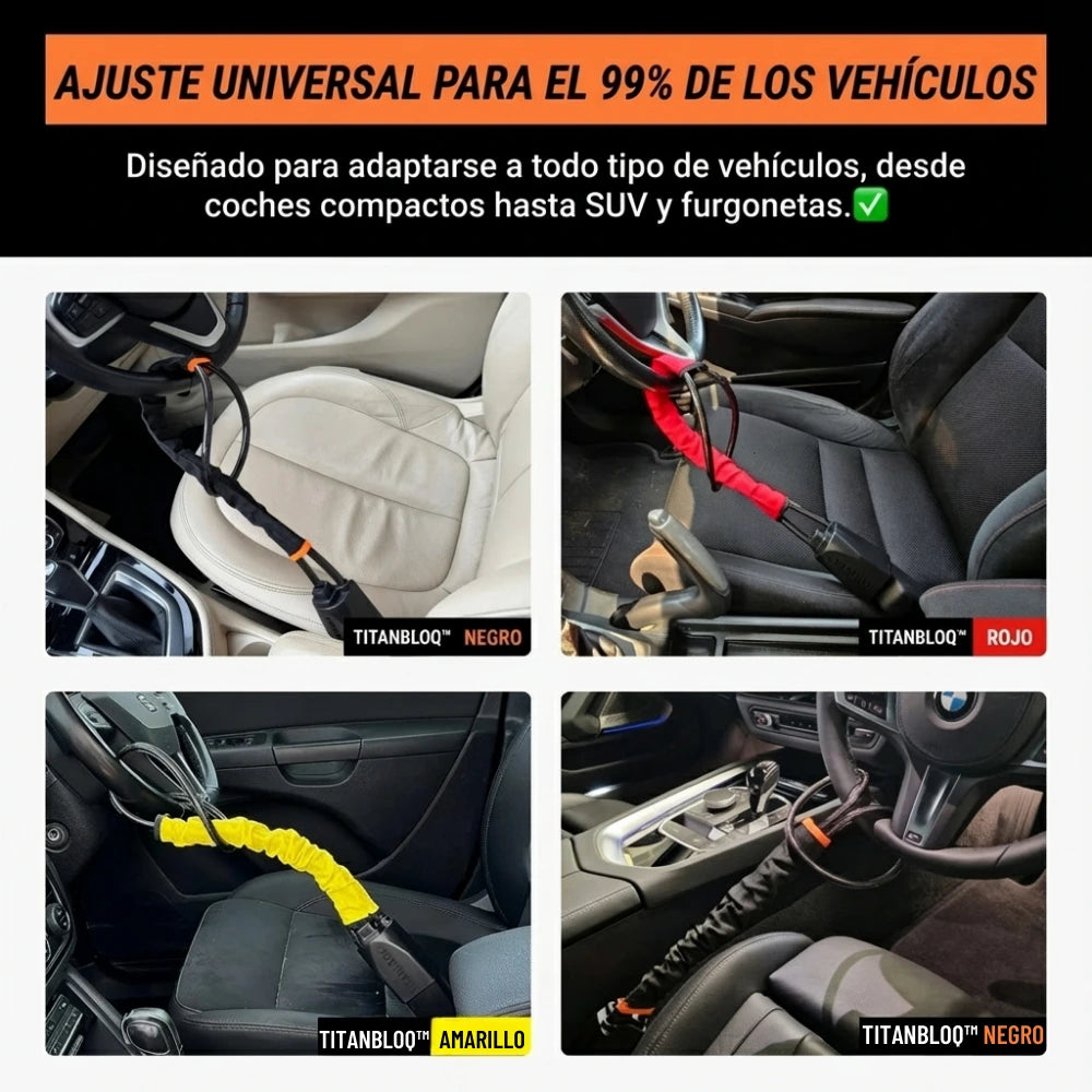 Antirrobo de volante TITANBLOQ™ instalado en diferentes vehículos con ajuste universal