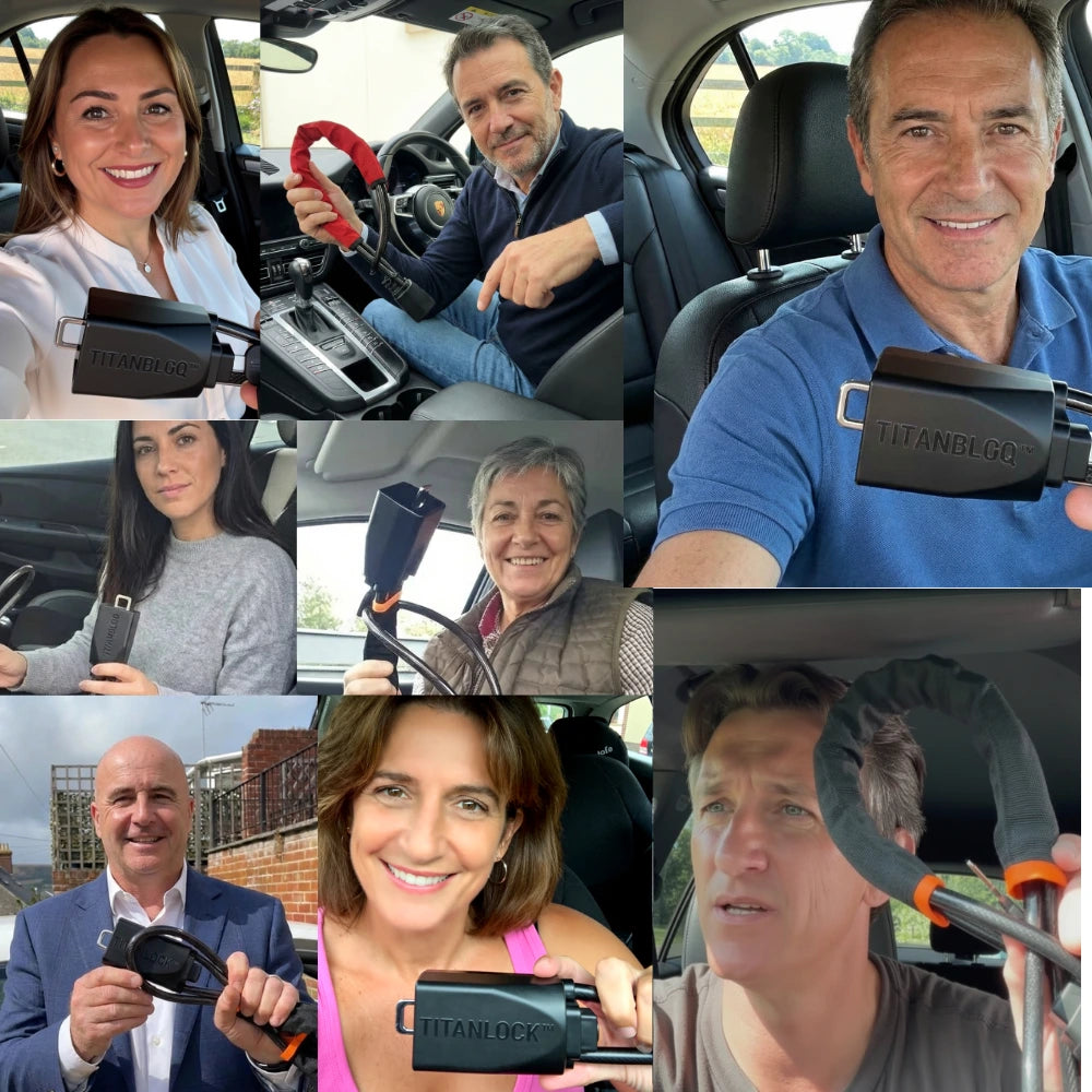Clientes reales mostrando el antirrobo de volante TITANBLOQ™ instalado en su coche